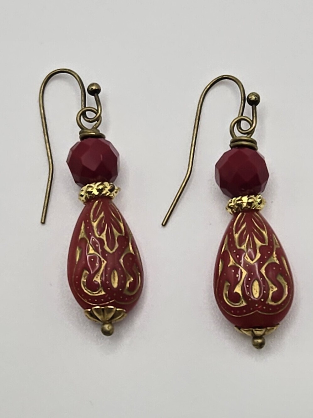 Red Teardrop Earrings Gold Etched Filigree Designs Bead Accents Handmade Jewelry